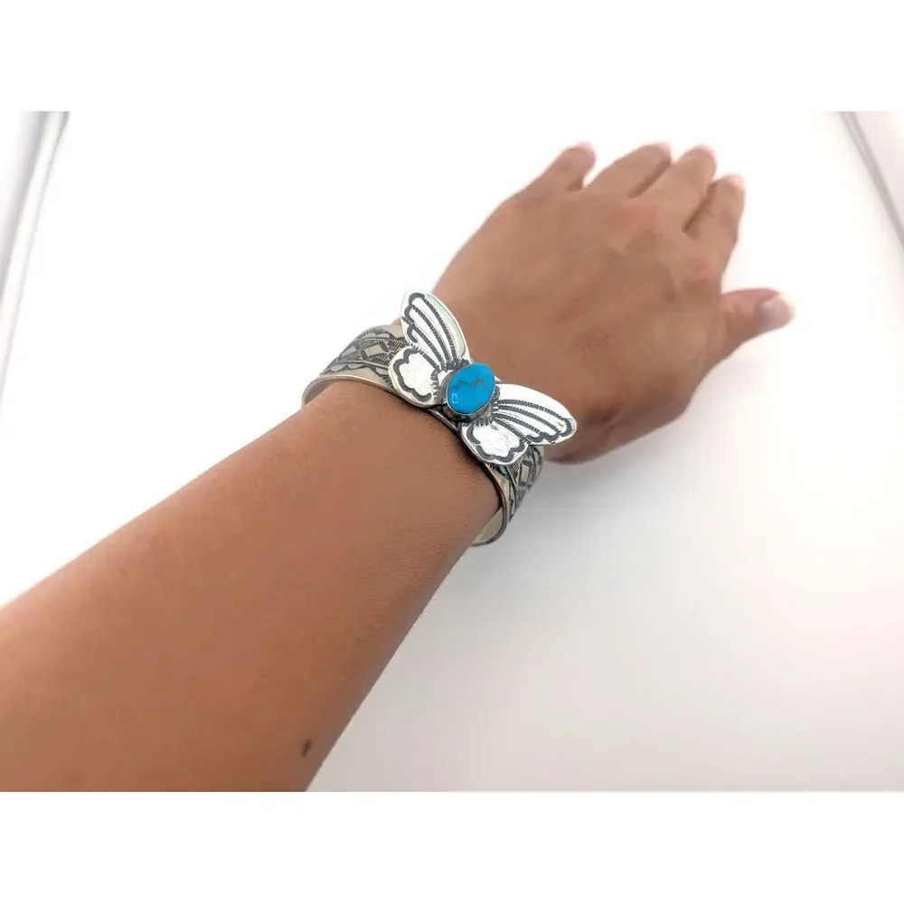 Navajo Cuff Bracelet Handmade‎ Butterfly Native American Turquoise Silver sz 7** - Picture 8 of 10